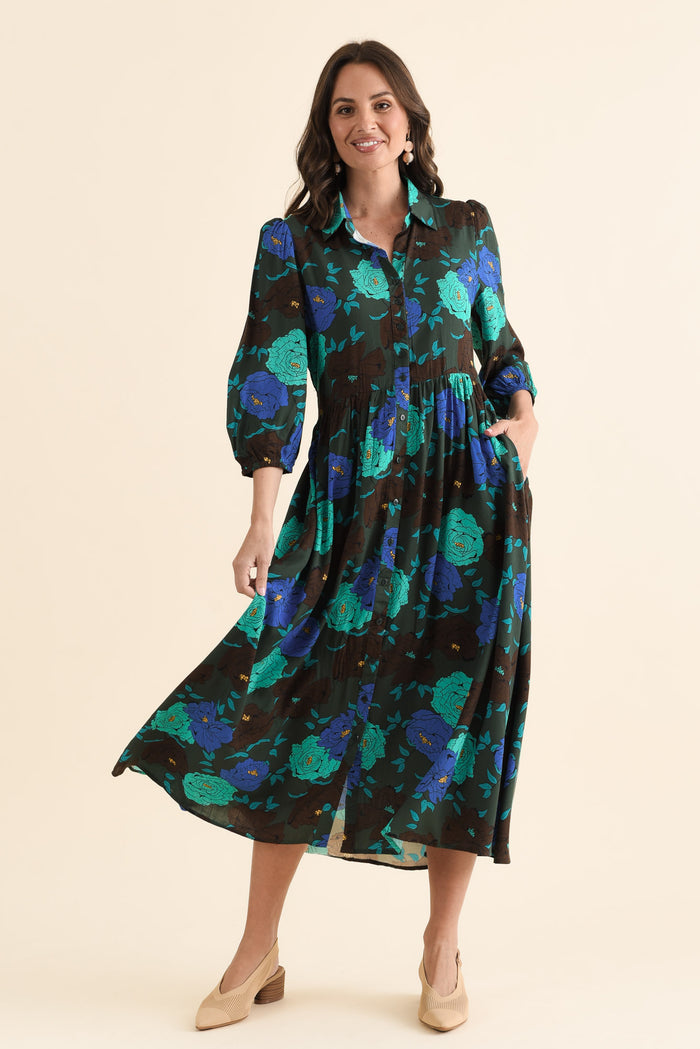 Beacon Green Flower Tie Dress,brunette model,Full Outfit,alt text|model:MJ