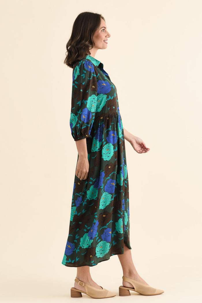 Beacon Green Flower Tie Dress,brunette model,Side of Outfit,alt text|model:MJ