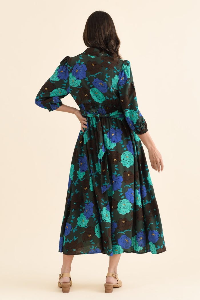Beacon Green Flower Tie Dress,brunette model,Back of Outfit,alt text|model:MJ
