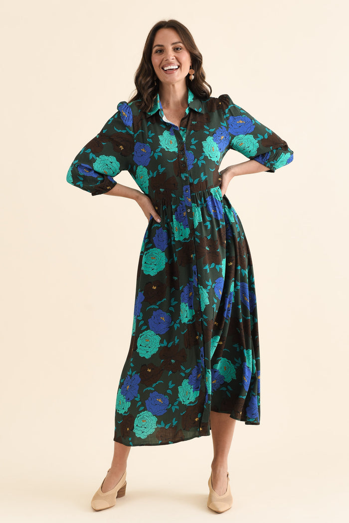 Beacon Green Flower Tie Dress,brunette model,Full Outfit,alt text|model:MJ