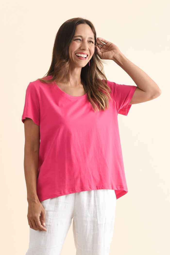 Beau Hot Pink Cotton Tee,Brunette model,alt text|model:Cara