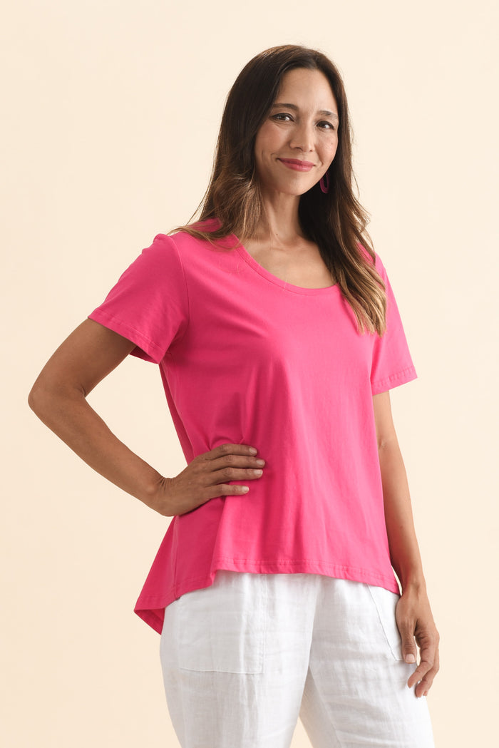 Beau Hot Pink Cotton Tee,Brunette model,alt text|model:Cara
