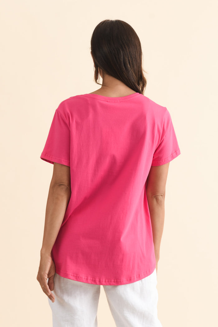 Beau Hot Pink Cotton Tee,Brunette model,alt text|model:Cara