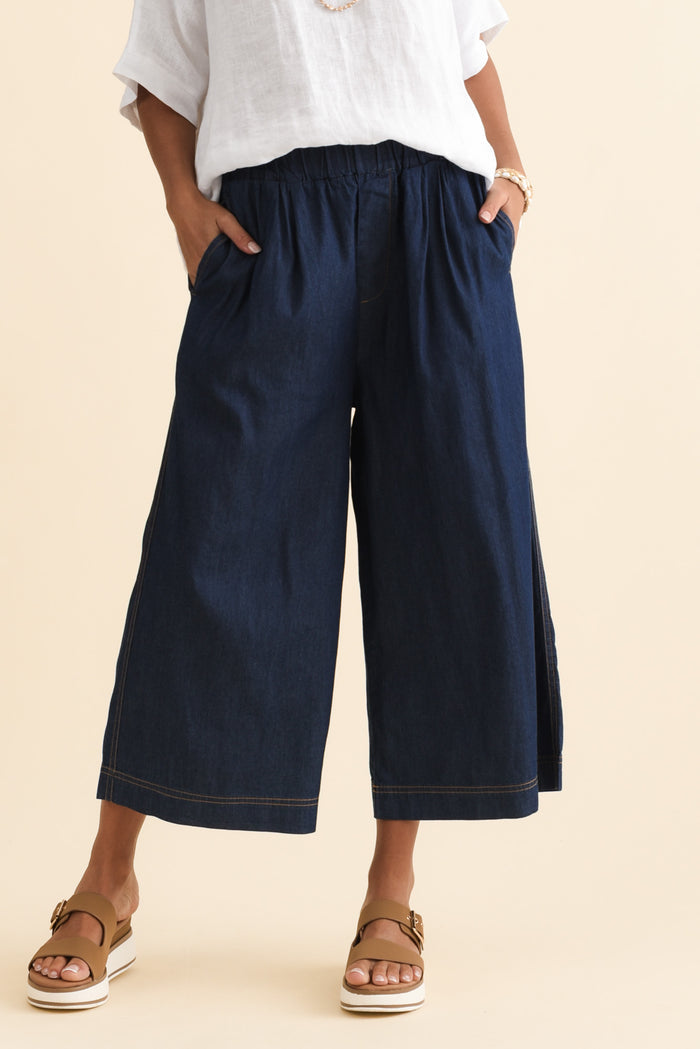 Becca Dark Blue Wide Leg Pants,Brunette model,alt text|model:Brontie