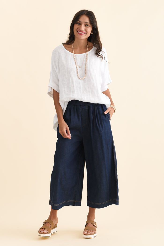 Becca Dark Blue Wide Leg Pants,Brunette model,alt text|model:Brontie