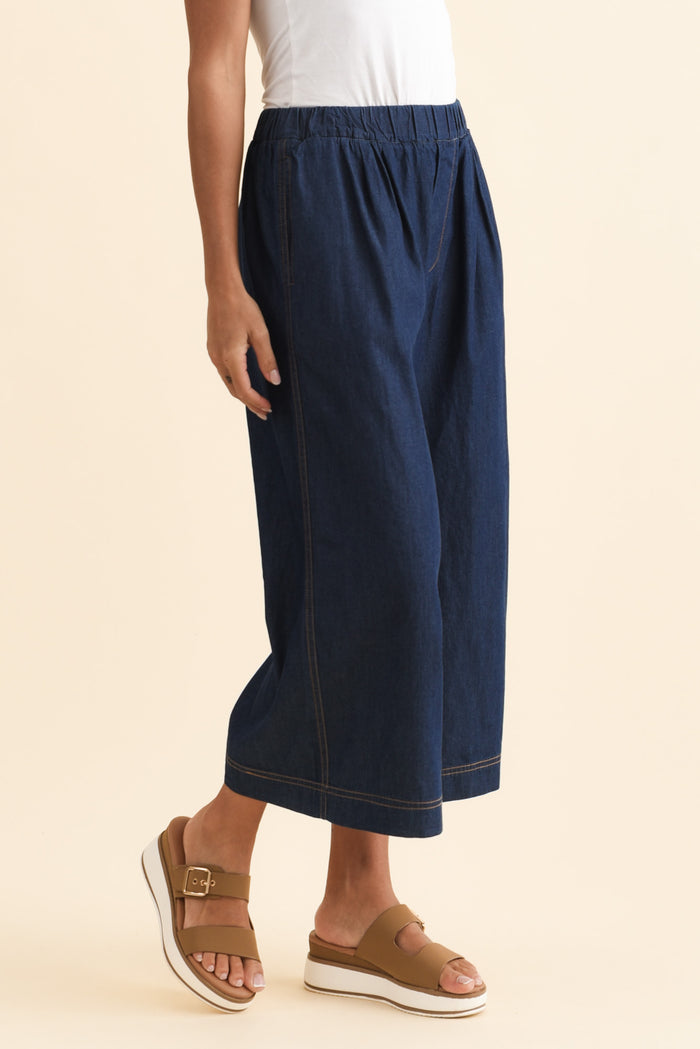 Becca Dark Blue Wide Leg Pants,Brunette model,alt text|model:Brontie