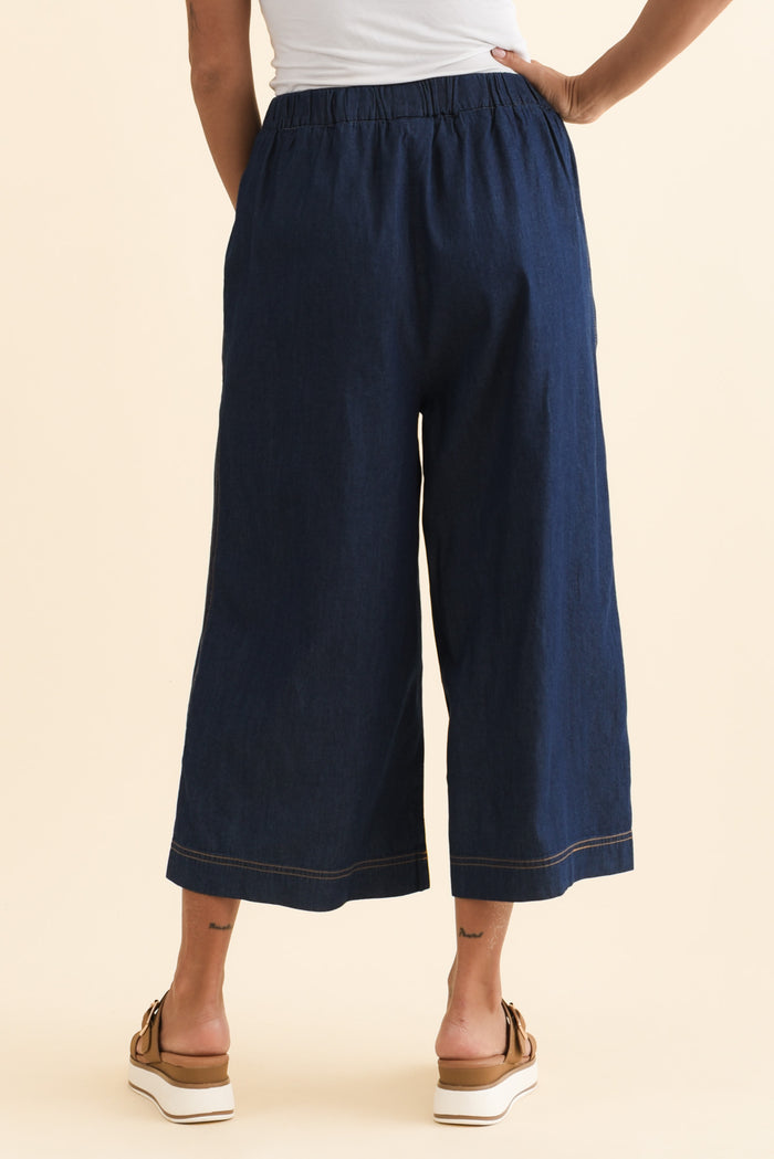 Becca Dark Blue Wide Leg Pants,Brunette model,alt text|model:Brontie