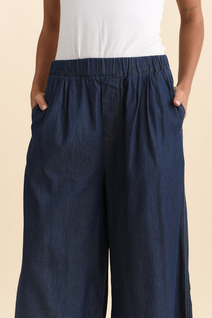Becca Dark Blue Wide Leg Pants,Brunette model,alt text|model:Brontie
