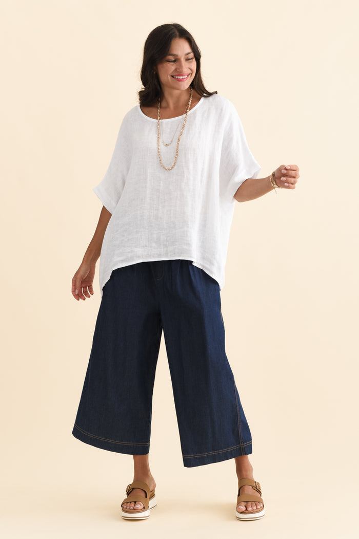 Becca Dark Blue Wide Leg Pants,Brunette model,alt text|model:Brontie