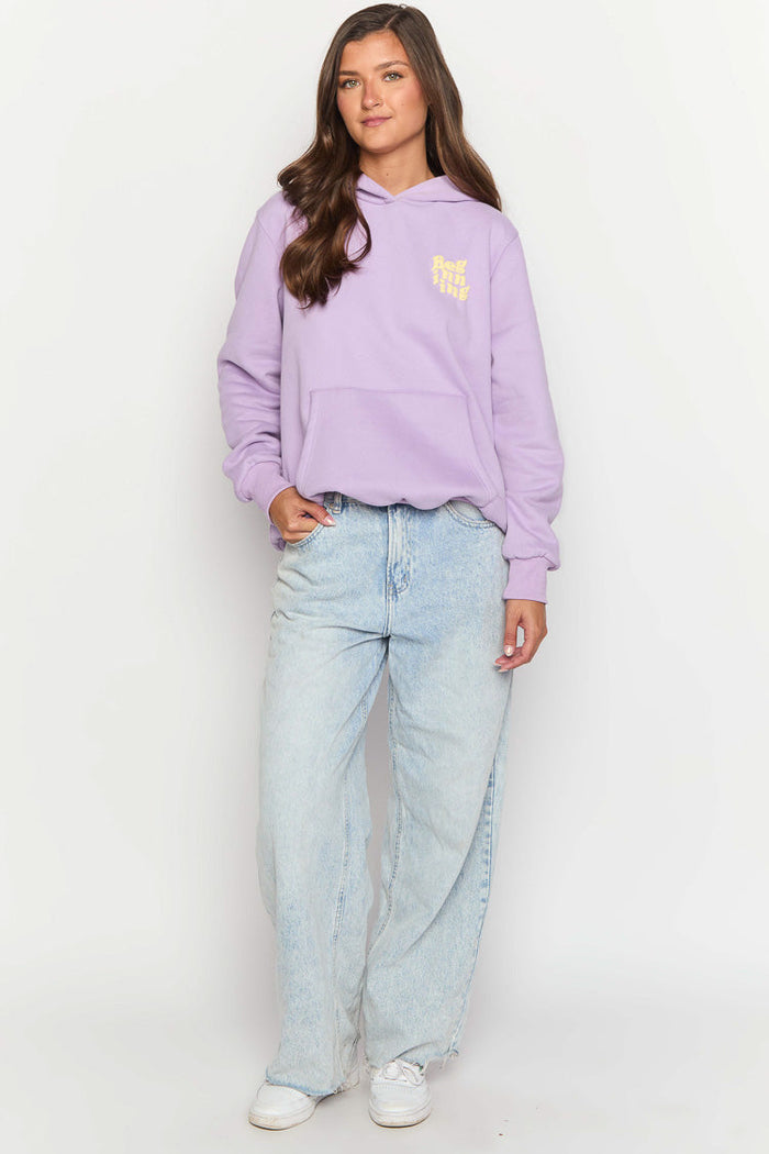 Front view of a relaxed fit purple hoodie with a yellow chest graphic, hood, and large kangaroo pocket