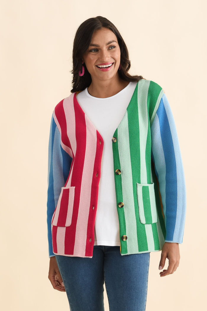 Belair Multi Stripe Cotton Cardigan,Brunette model,alt text|model:Brontie