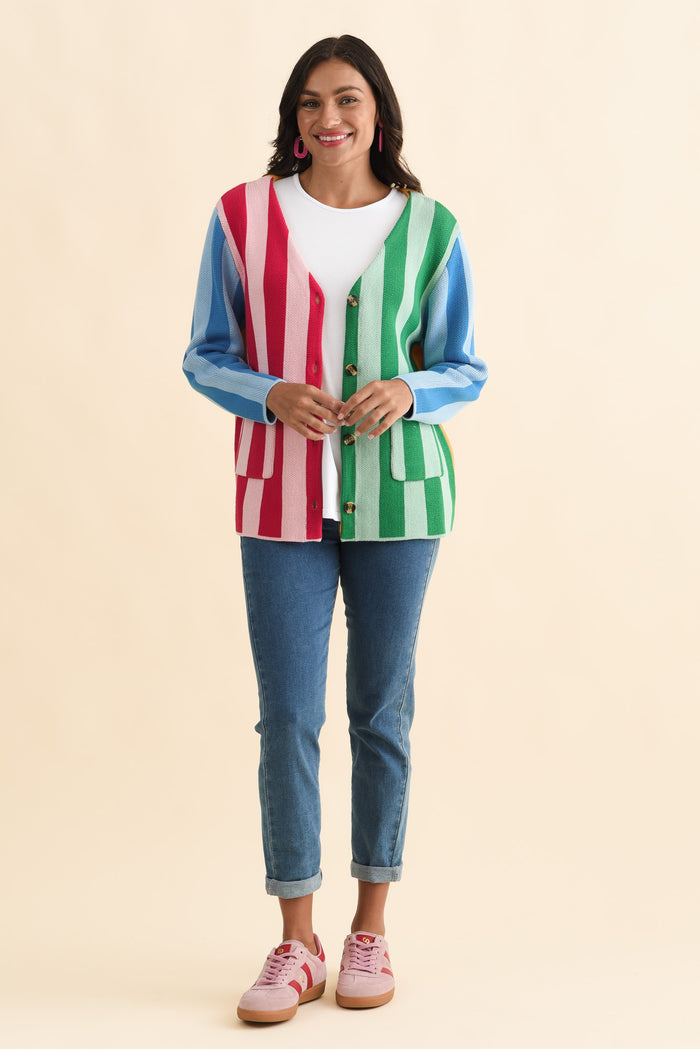 Belair Multi Stripe Cotton Cardigan,Brunette model,alt text|model:Brontie