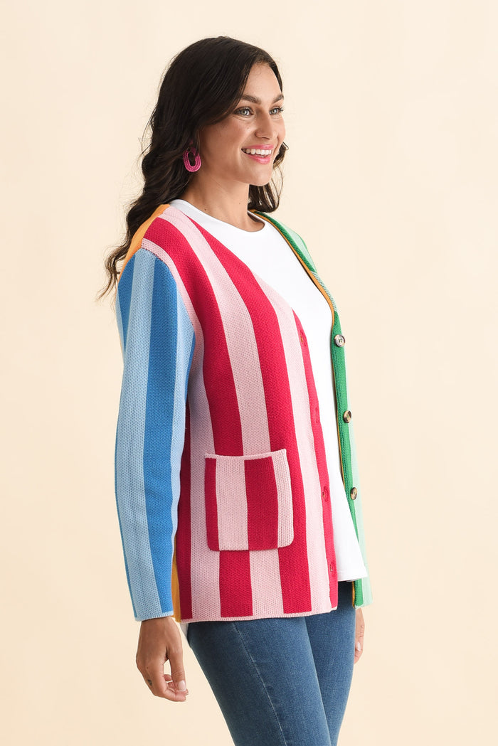 Belair Multi Stripe Cotton Cardigan,Brunette model,alt text|model:Brontie