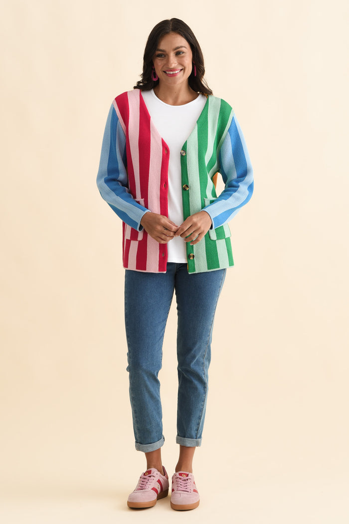 Belair Multi Stripe Cotton Cardigan,Brunette model,alt text|model:Brontie