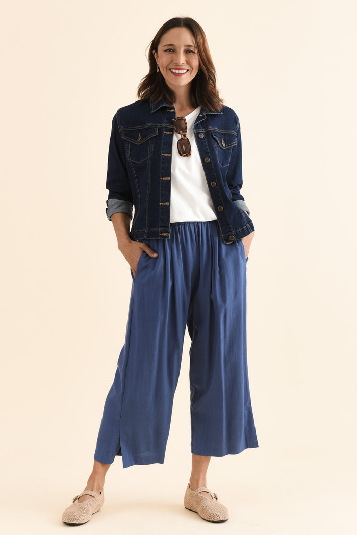 Belinda Blue Linen Blend Cropped Pants,Full Body,Brunette model,alt text|model:Cara