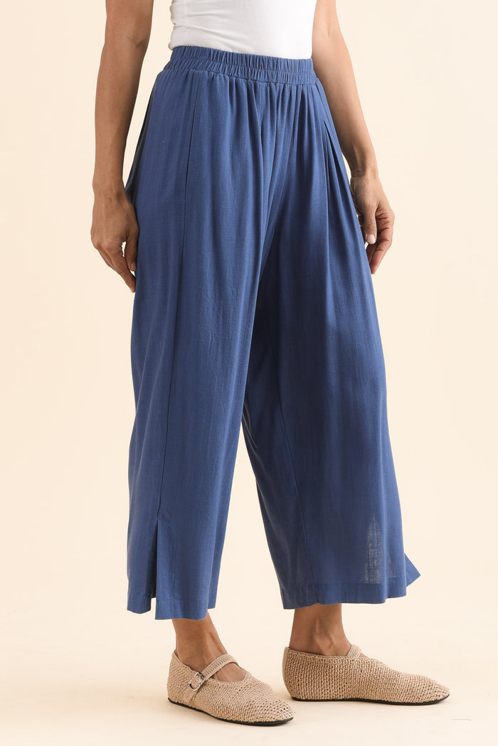 Belinda Blue Linen Blend Cropped Pants,Side,Brunette model,alt text|model:Cara