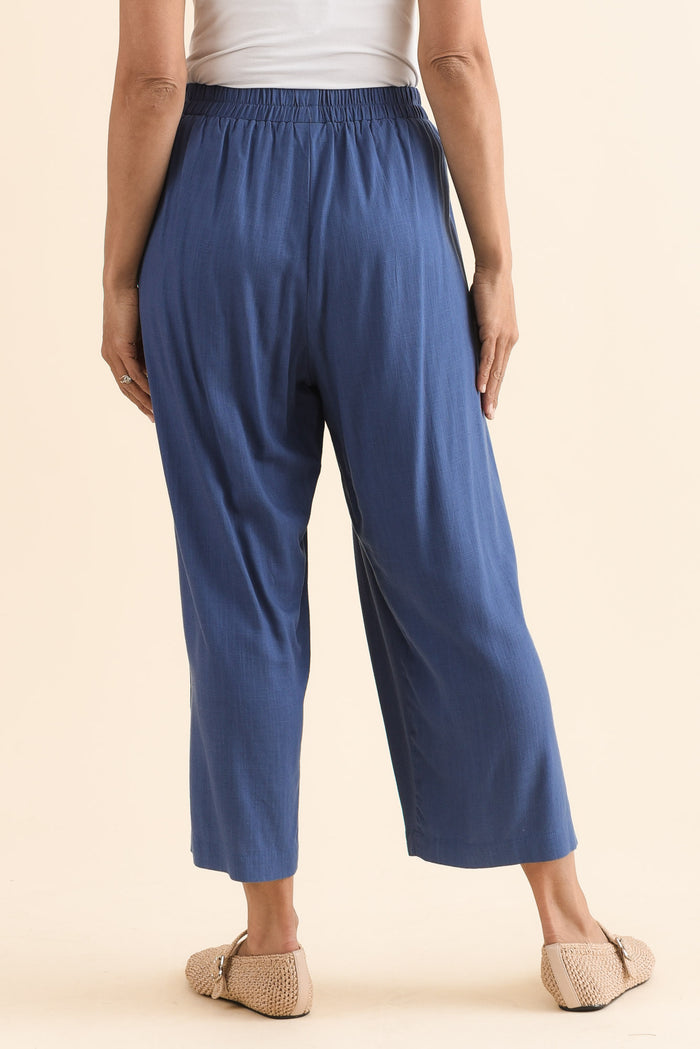Belinda Blue Linen Blend Cropped Pants,Back,Brunette model,alt text|model:Cara