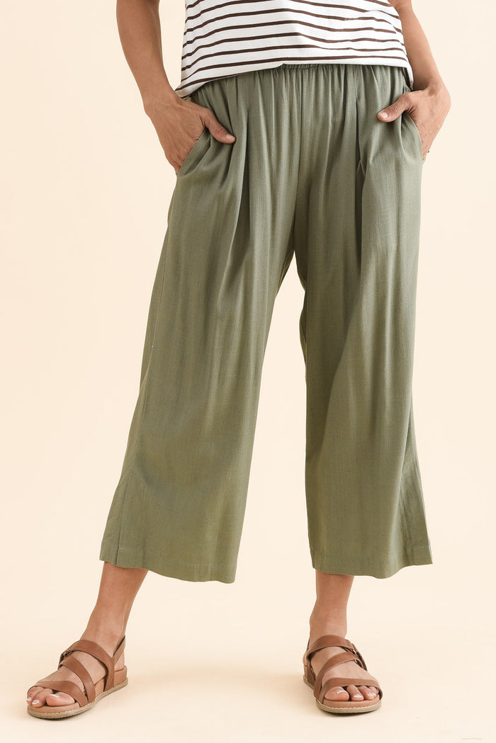 Belinda Khaki Linen Blend Cropped Pants,Front,Brunette model,alt text|model:Cara