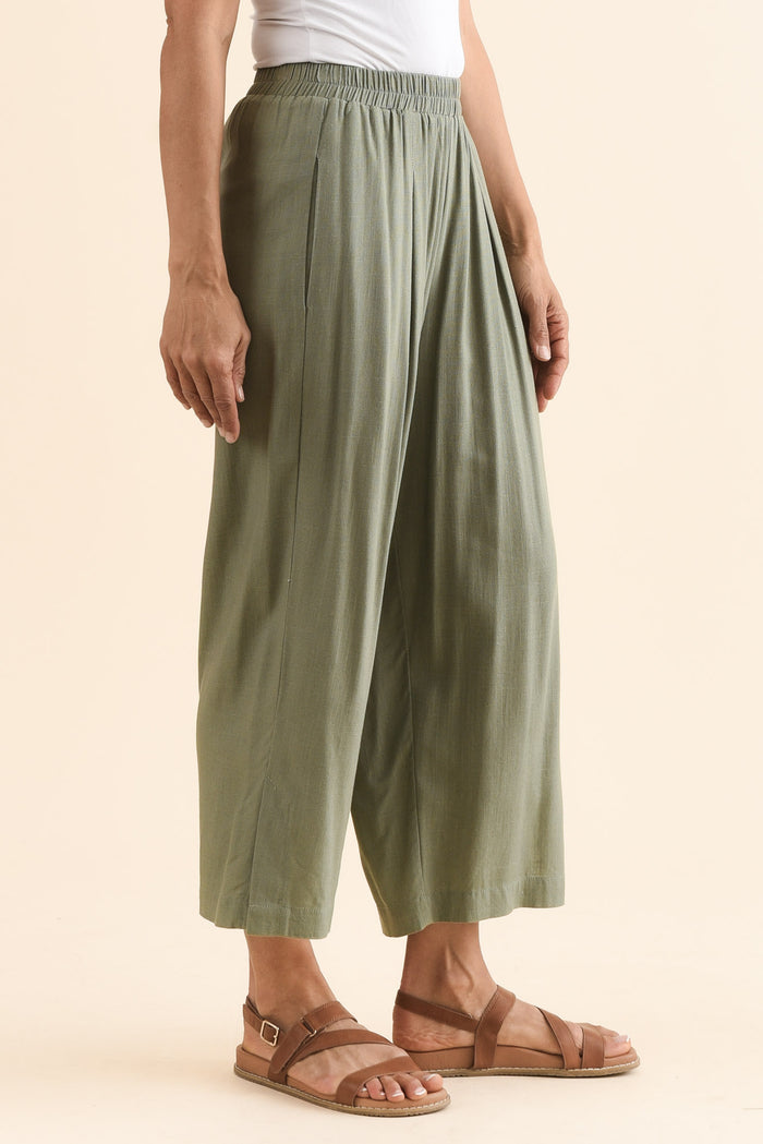 Belinda Khaki Linen Blend Cropped Pants,Side,Brunette model,alt text|model:Cara