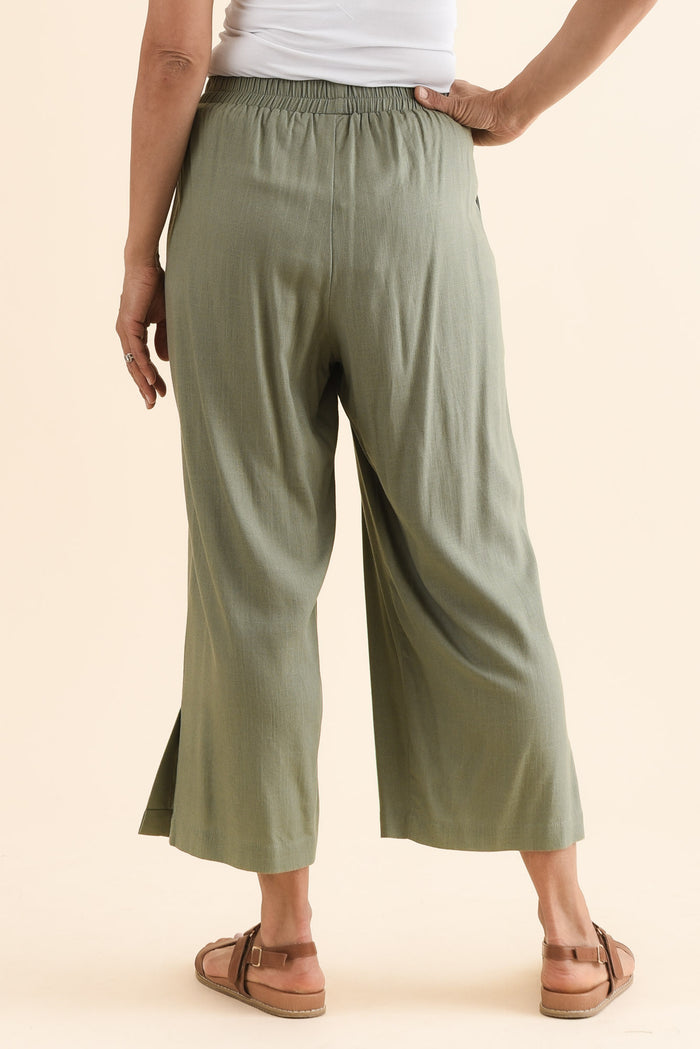 Belinda Khaki Linen Blend Cropped Pants,Back,Brunette model,alt text|model:Cara
