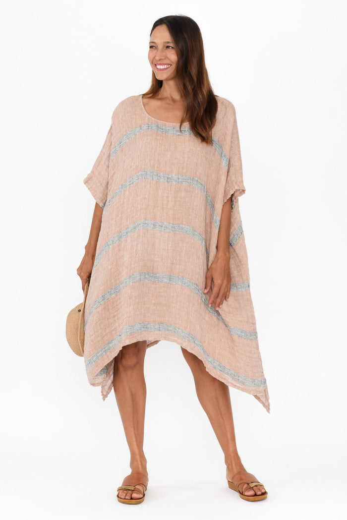 Belize Pink Stripe Linen Kaftan,Brunette model,alt text|model:Cara
