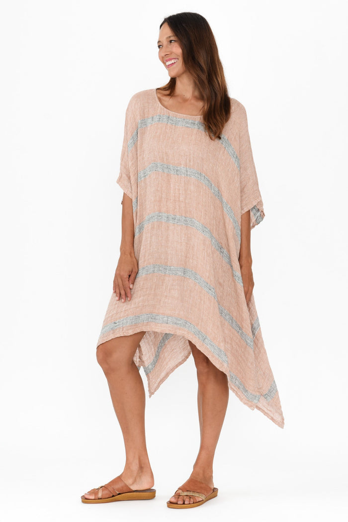 Belize Pink Stripe Linen Kaftan,Brunette model,alt text|model:Cara