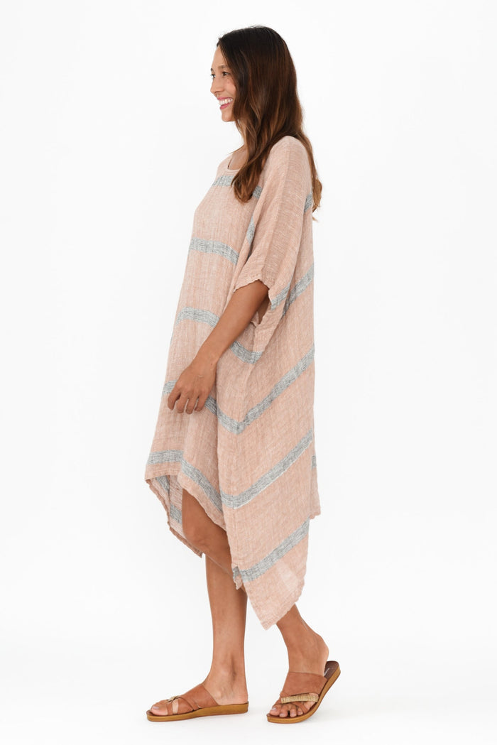 Belize Pink Stripe Linen Kaftan,Brunette model,alt text|model:Cara