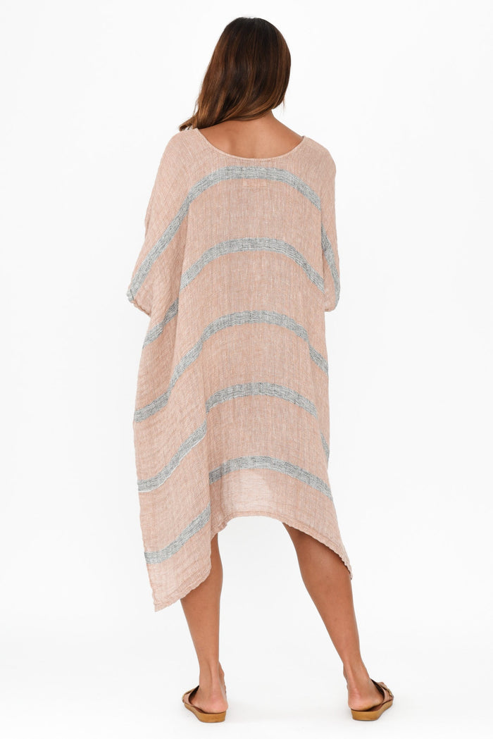 Belize Pink Stripe Linen Kaftan,Brunette model,alt text|model:Cara
