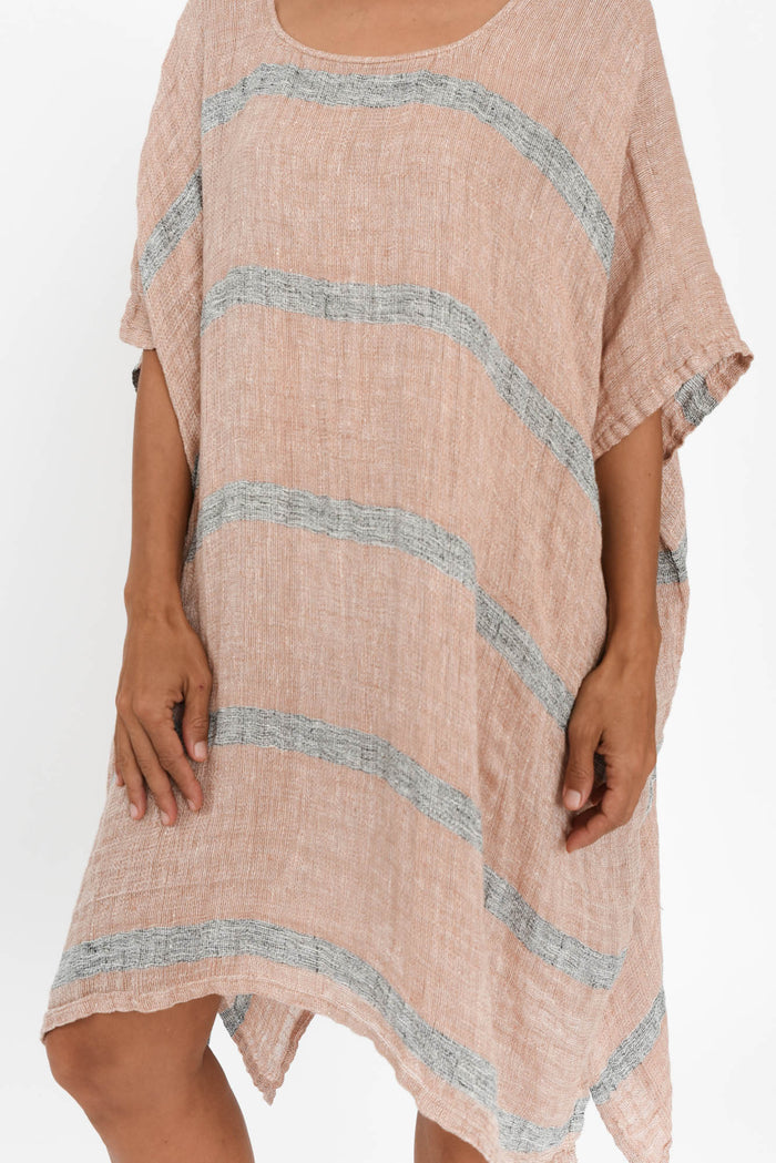 Belize Pink Stripe Linen Kaftan,Brunette model,alt text|model:Cara