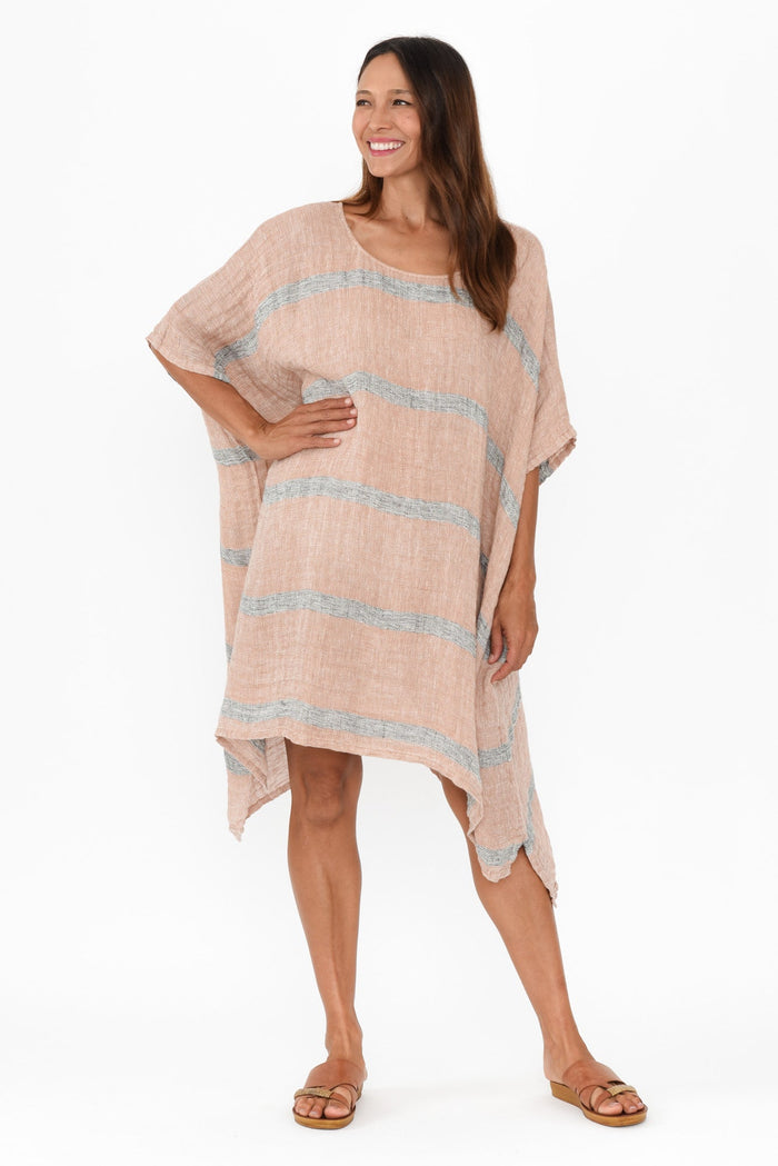 Belize Pink Stripe Linen Kaftan,Brunette model,alt text|model:Cara