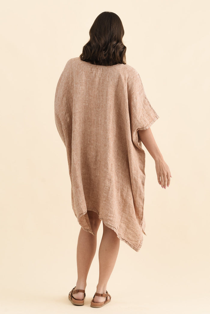 Belize Rust Linen Kaftan,Back,Brunette model,alt text|model:MJ