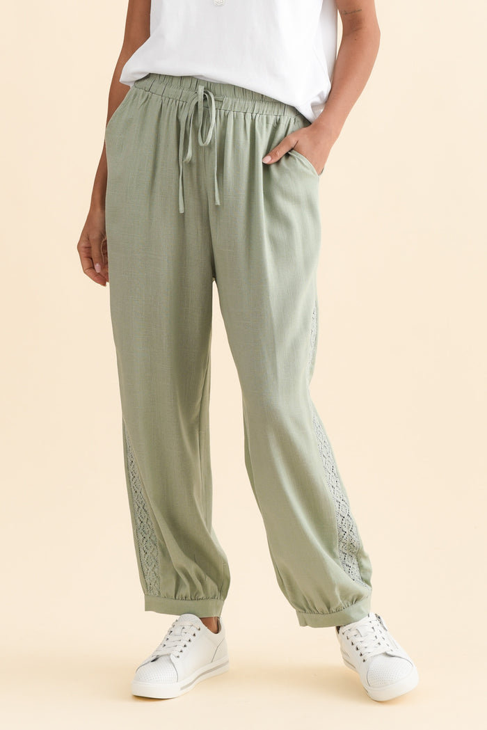 Beretta Khaki Lace Linen Blend Pants,Brunette model,alt text|model:Brontie
