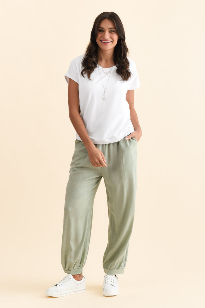Beretta Khaki Lace Linen Blend Pants,Brunette model,alt text|model:Brontie