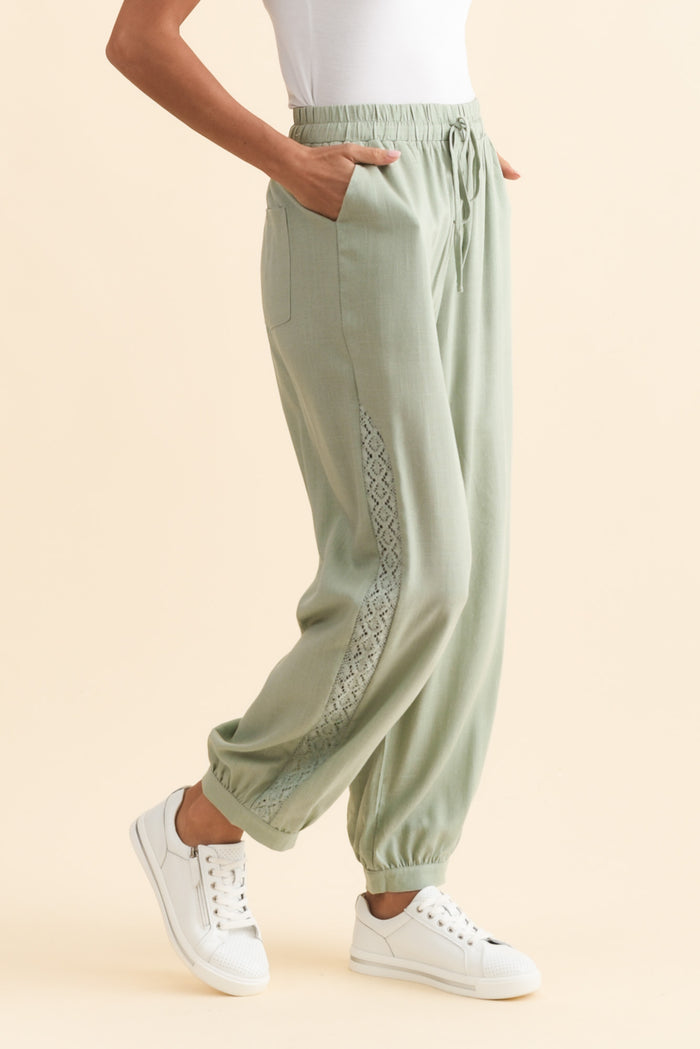 Beretta Khaki Lace Linen Blend Pants,Brunette model,alt text|model:Brontie