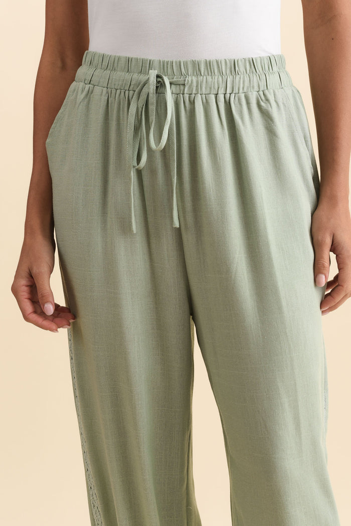 Beretta Khaki Lace Linen Blend Pants,Brunette model,alt text|model:Brontie