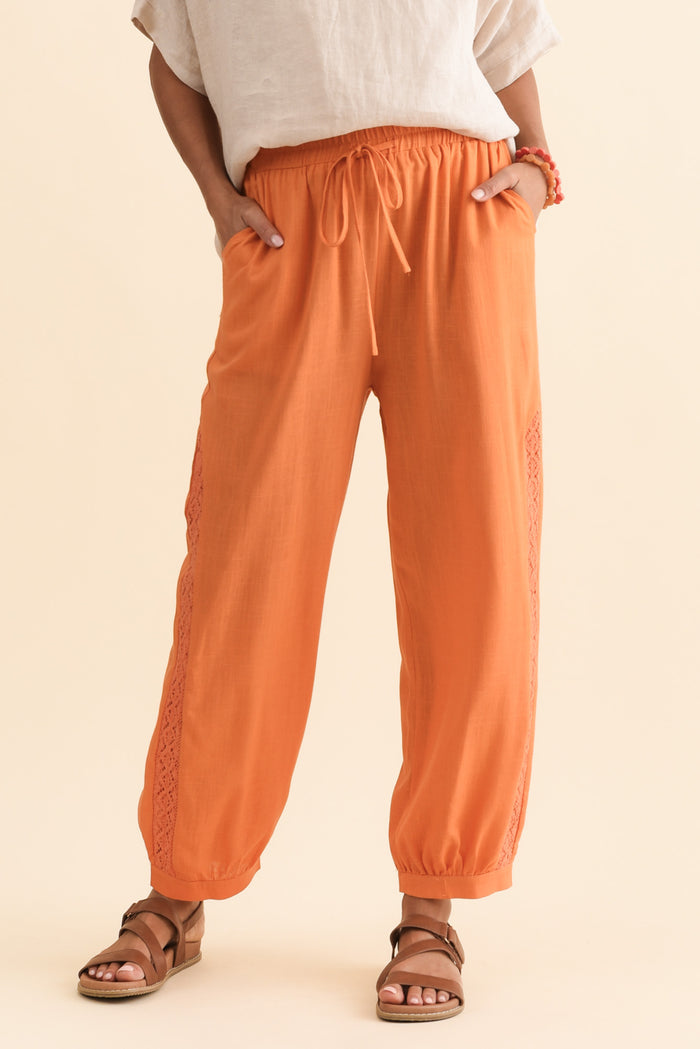 Beretta Orange Lace Linen Blend Pants,Brunette model,alt text|model:Brontie