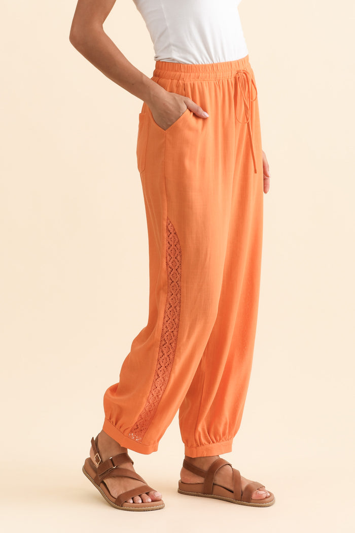 Beretta Orange Lace Linen Blend Pants,Brunette model,alt text|model:Brontie