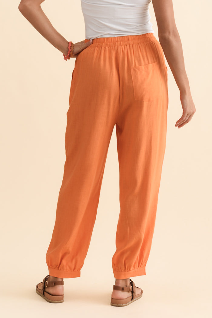 Beretta Orange Lace Linen Blend Pants,Brunette model,alt text|model:Brontie