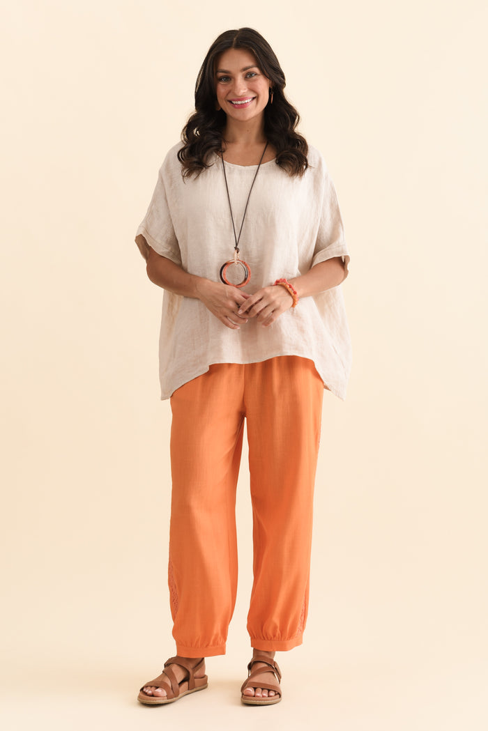 Beretta Orange Lace Linen Blend Pants,Brunette model,alt text|model:Brontie