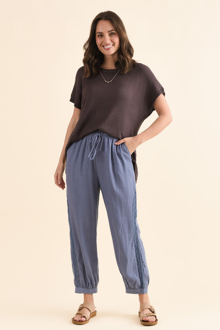 Beretta Steel Lace Linen Blend Pants,Full Body,Brunette model,alt text|model:MJ