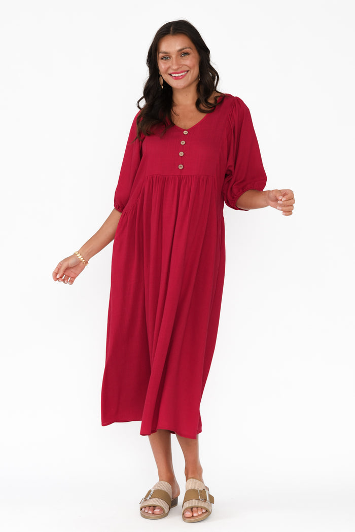 Bethany Red Pocket Midi Dress,Brunette model,alt text|model:Brontie