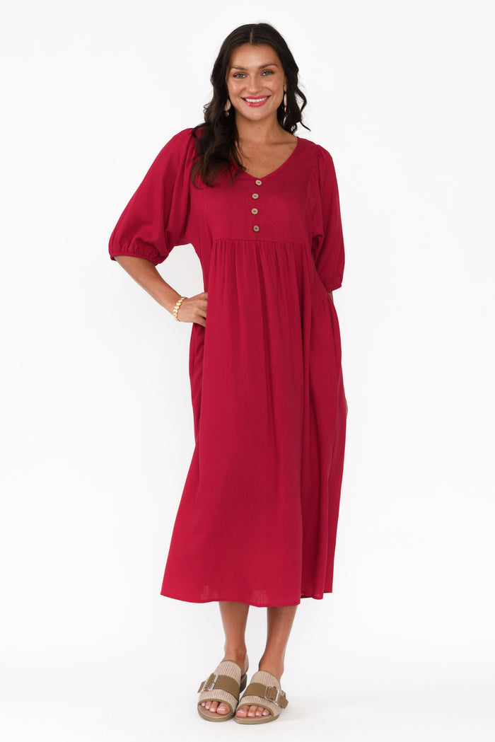 Bethany Red Pocket Midi Dress,Brunette model,alt text|model:Brontie