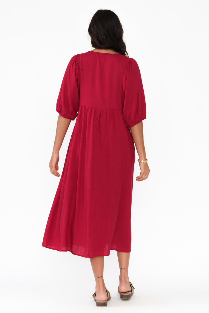 Bethany Red Pocket Midi Dress,Brunette model,alt text|model:Brontie