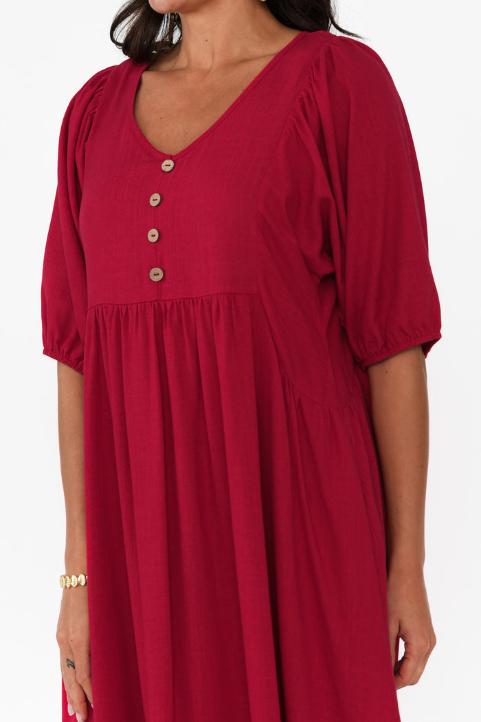 Bethany Red Pocket Midi Dress,Brunette model,alt text|model:Brontie