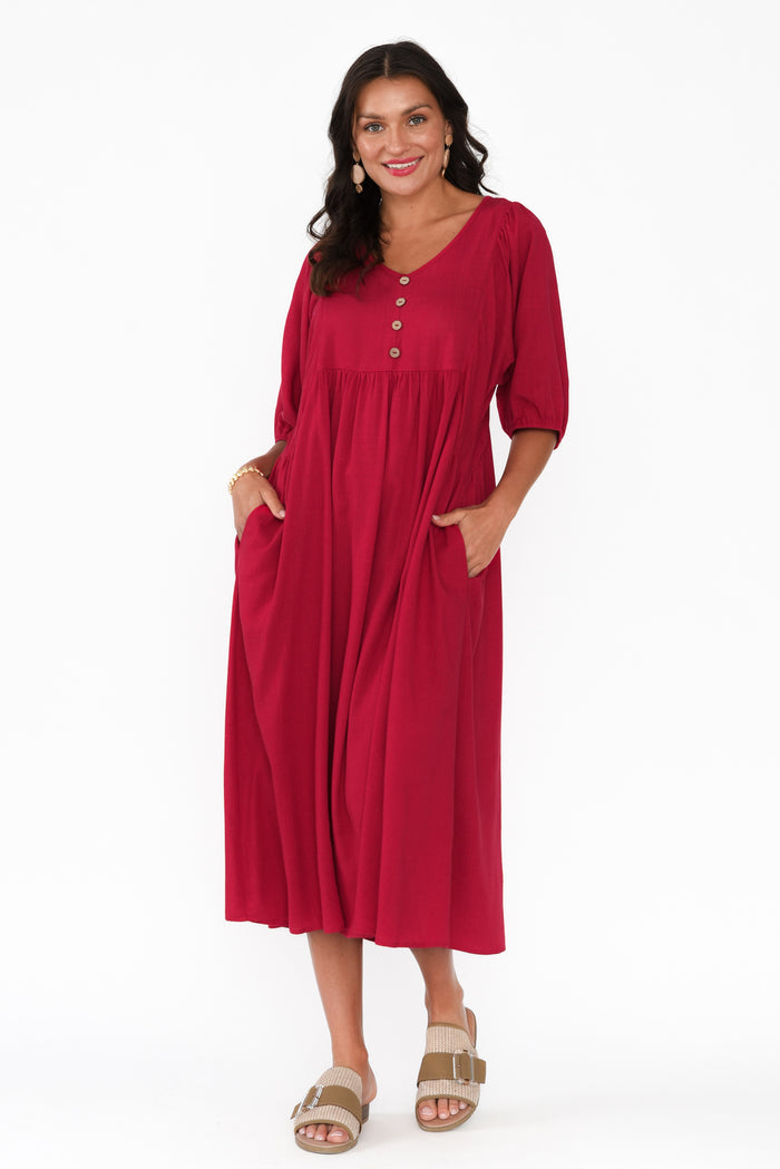 Bethany Red Pocket Midi Dress,Brunette model,alt text|model:Brontie