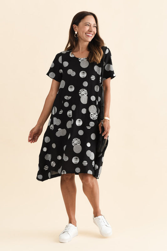 Bexley Black Spot Pocket Dress,Brunette model,alt text|model:Cara