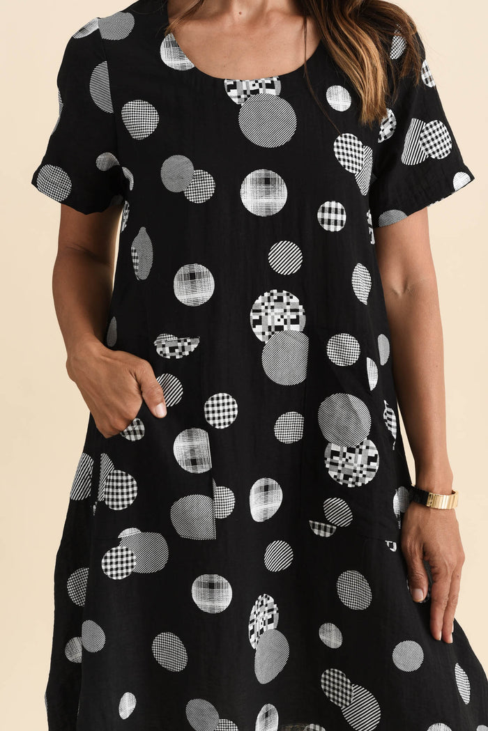 Bexley Black Spot Pocket Dress,Brunette model,alt text|model:Cara