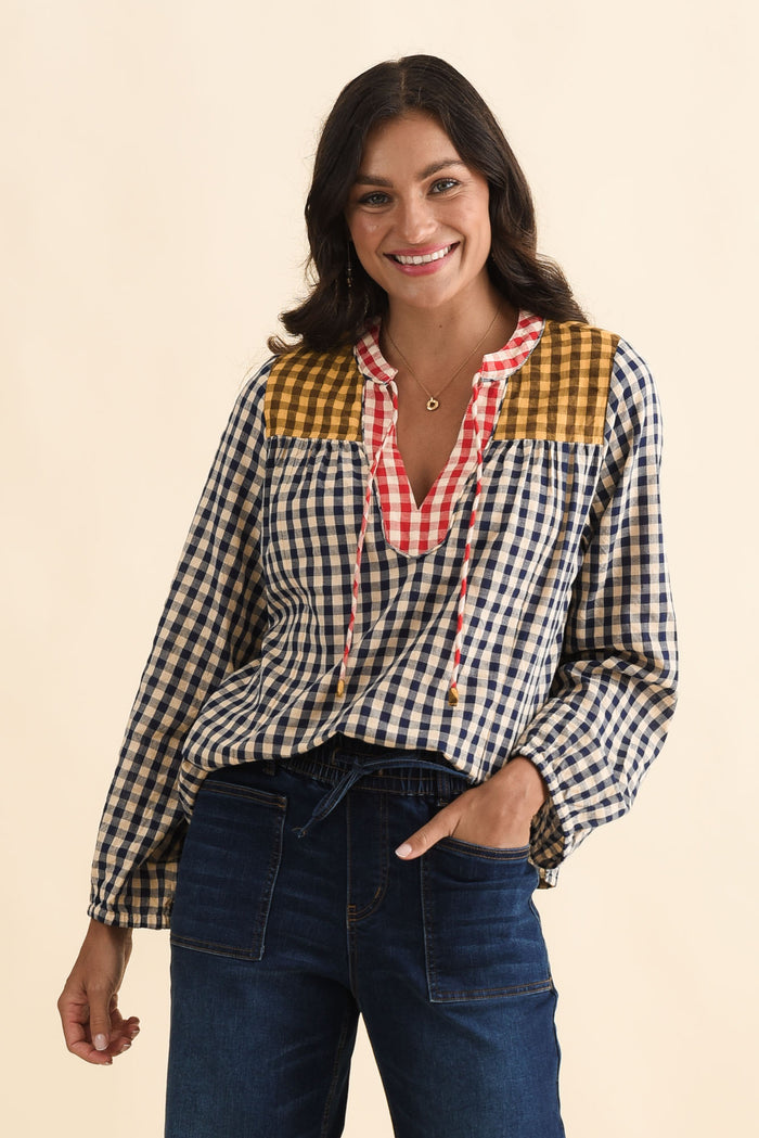 Billie Navy Check Cotton Top,Brunette model,alt text|model:Brontie