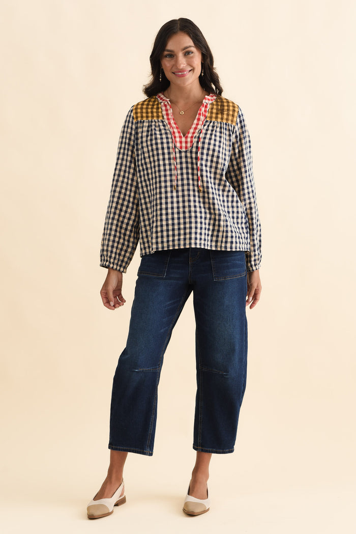 Billie Navy Check Cotton Top,Brunette model,alt text|model:Brontie