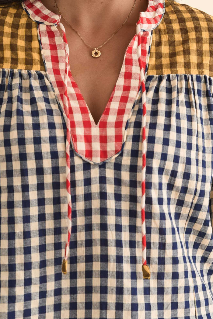Billie Navy Check Cotton Top,Brunette model,alt text|model:Brontie